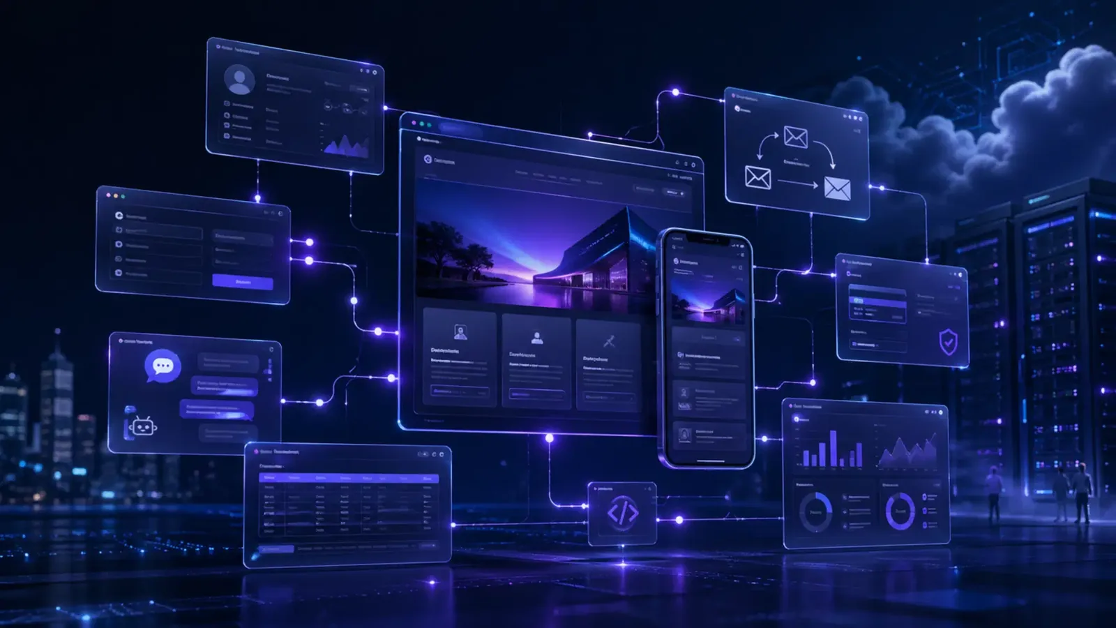 CRM、メール、決済、Telegram、Google Sheets、分析に接続されたWebサイト